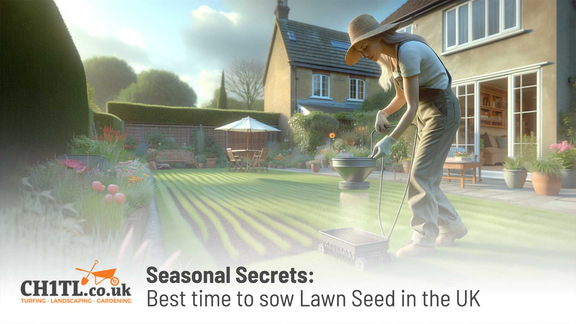 20 Secrets the Best time to sow Lawn Seed in the UK A person, presumably a woman given the appearance, is sowing lawn seed using a push spreader