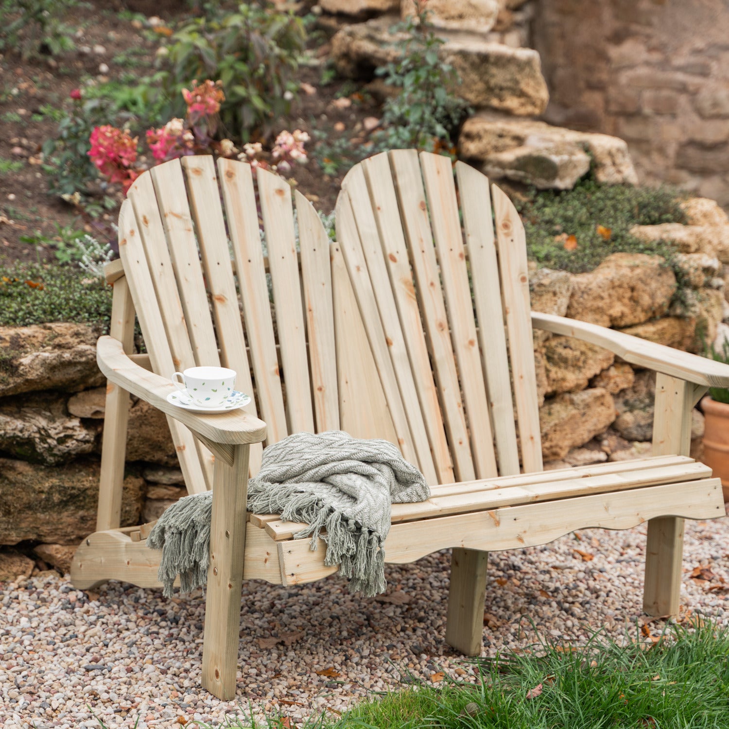 Wooden Furniture-Double Adirondack relax garden bench