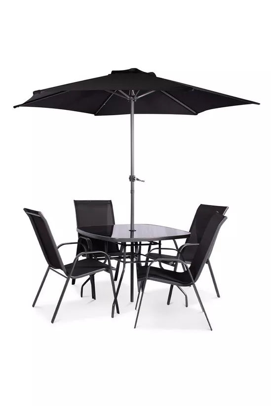 The Lancaster - Black & Grey Metal 4 Seat Garden Dining Set including Parasol