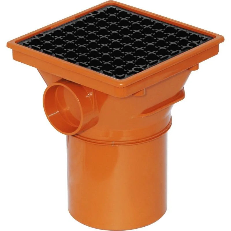 SQUARE HOPPER SPIGOT END C/W SQUARE PP BLACK GRID FOR 110MM UNDERGROUND DRAINAGE PIPE